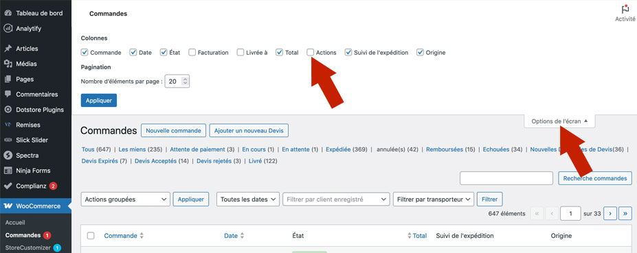WooCommerce Commandes : Affichage de la colonne Actions
