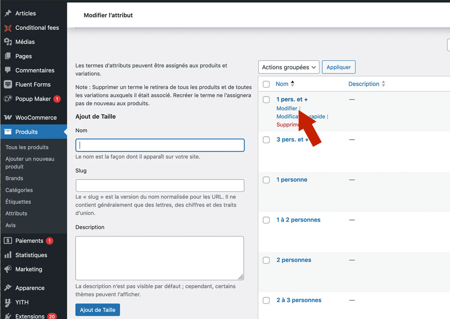 Attributs : modifier un terme