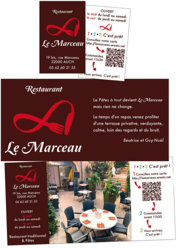 Cartes et prospectus pour le restaurant Le Marceau à Auch