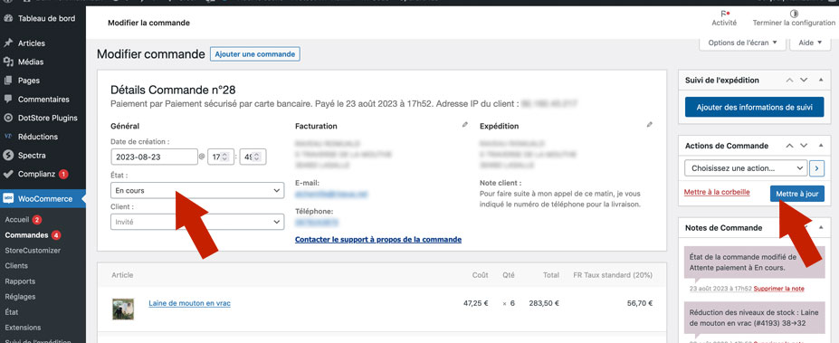 Changement de l'état d'une commande