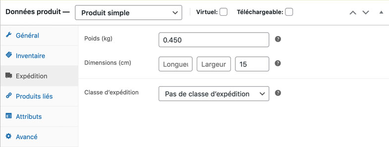 Données produit simple : Expédition