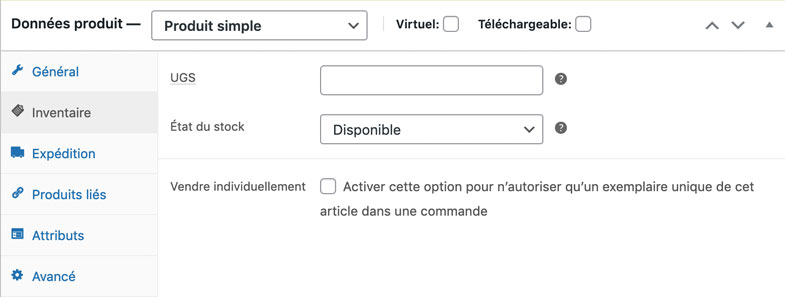Données produit simple : Inventaire