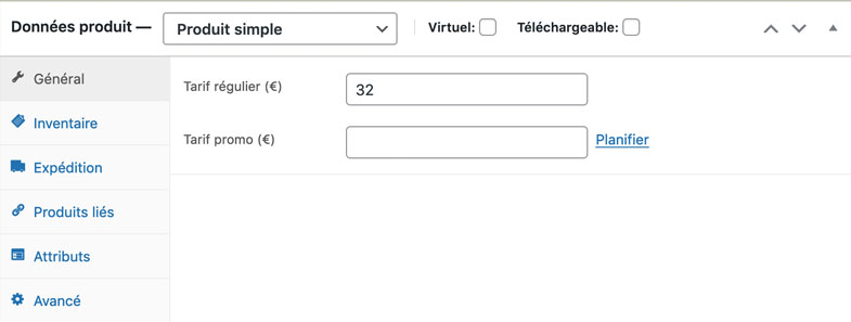 Données produit simple