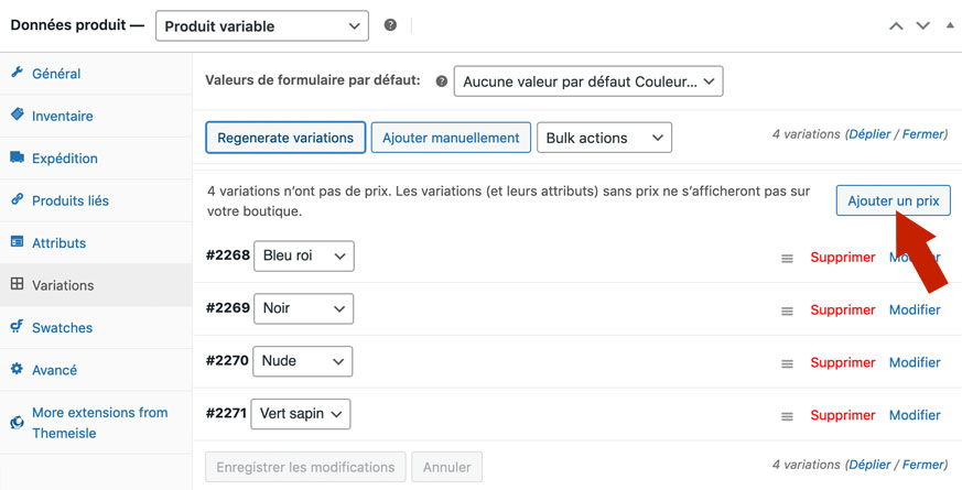 Données produit variable : Ajouter un prix