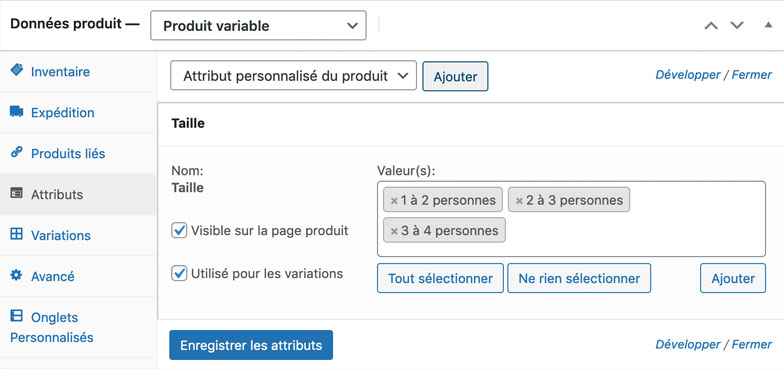 Données produit variable : Attributs