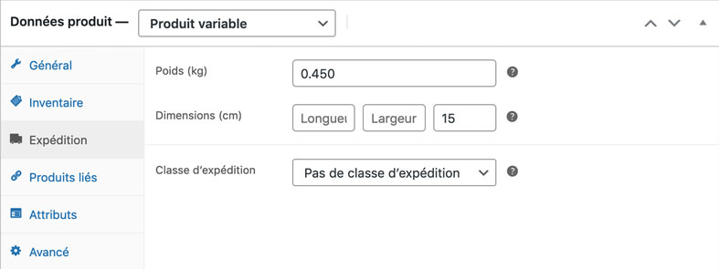 Données produit variable : Expédition