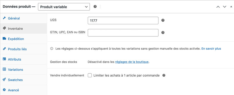 Données produit variable : Inventaire