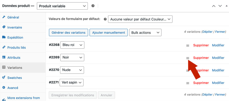 Données produit variable : Ordre des variations