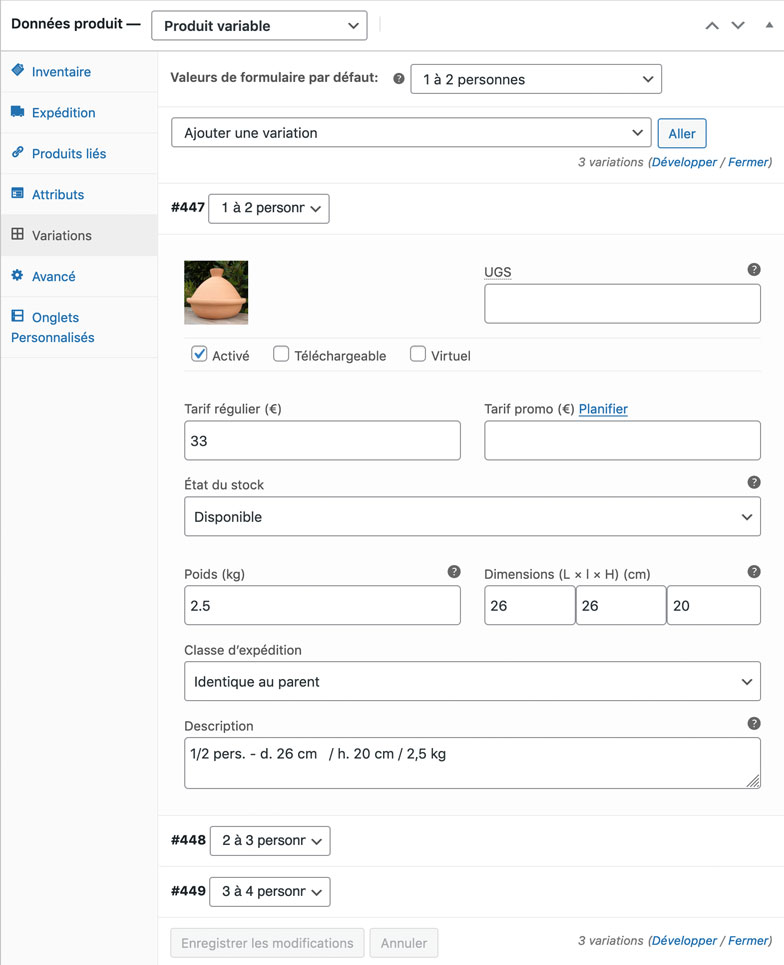 Données produit variable : Variations