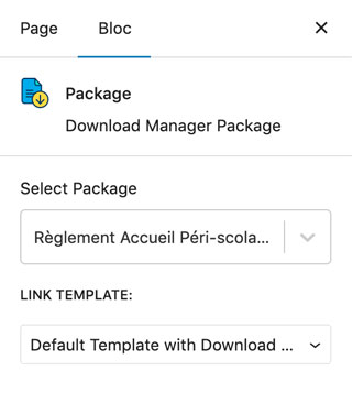 Download Manager : paramètres du bloc Package