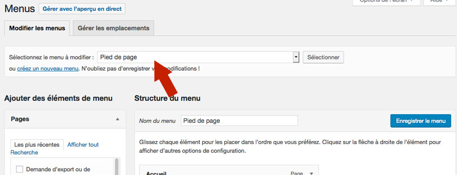 Sélectionner le menu à modifier