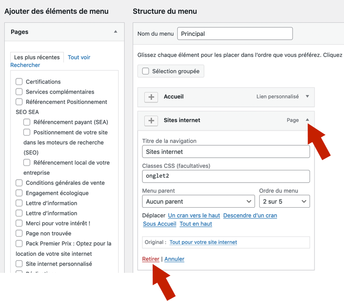 Supprimer un élément du menu