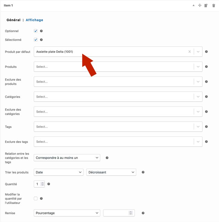 Product Bundle : sélection d'un produit