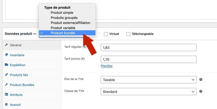 Type de produit Product Bundle (Lot)