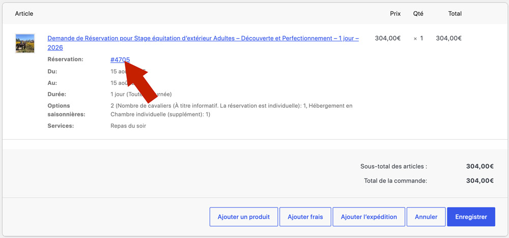 Accès à la réservation depuis la commande