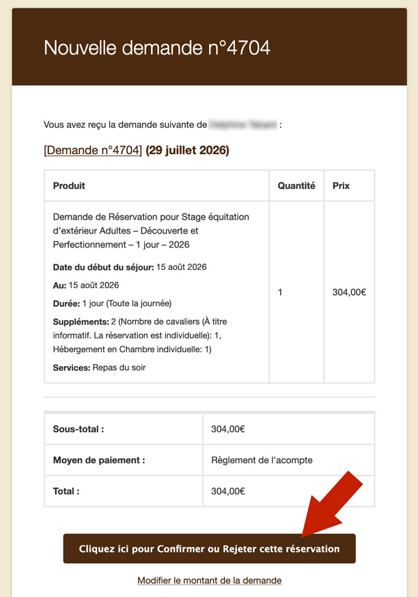 Validation de la demande de réservation